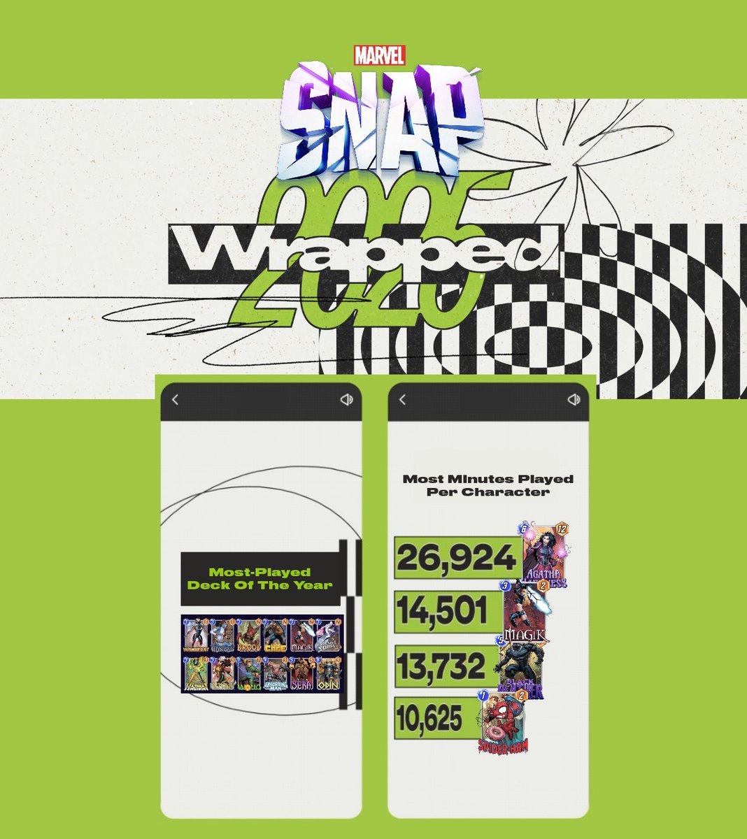 If Marvel Snap Wrapped was real 👀
• Most-played deck of the year
• Total hours played &amp; longest Snap session in 2025
• Total gold &amp; money spent to rank up 💸
• Snap behavior breakdown: boomer snapper, early snapper, or never snap?

What other stats would you like to see?
