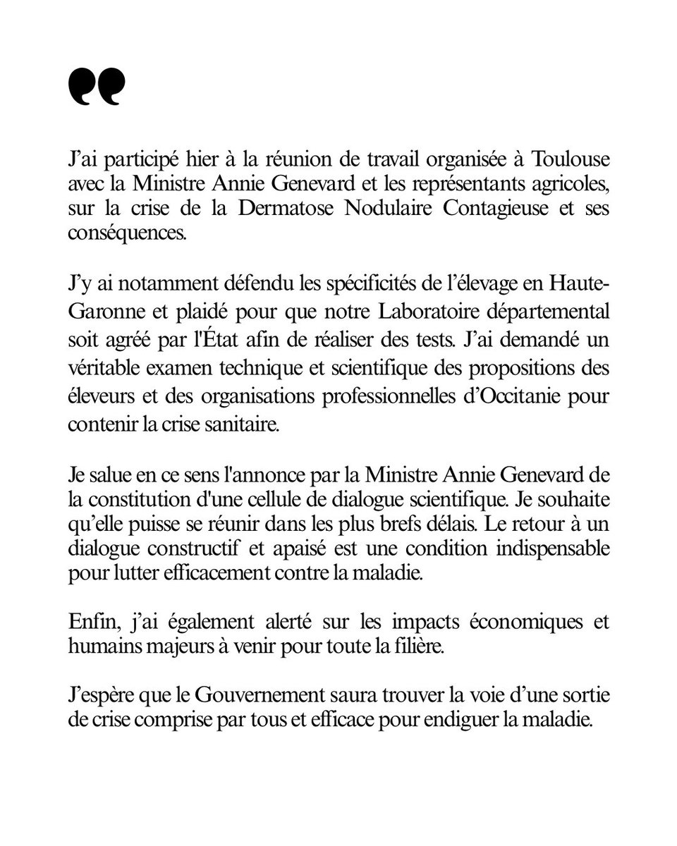 J'ai participé hier à la réunion de travail organisée à #Toulouse avec la Ministre <a href="/AnnieGenevard/">Annie Genevard</a> et les représentants agricoles, sur la crise de la Dermatose Nodulaire Contagieuse et ses conséquences.

Ma réaction ⤵️