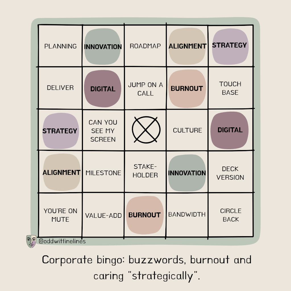 OddwitFinelines's tweet photo. Corporate bingo, but the prize is emotional resilience.

One more square and I unlock strategic indifference. https://t.co/gPxYSyy00B