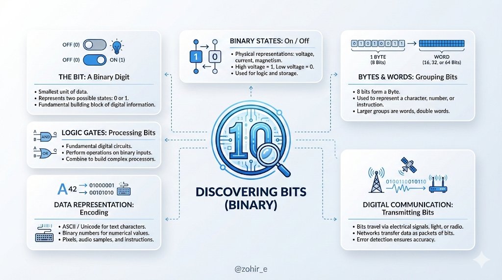 zohir_e's tweet image. Unlocking the language of computers! 🔓 This visual guide simplifies how a simple '0' or '1' forms the foundation of all digital information, from bytes to logic gates. Dive into the fascinating world of binary! 💻✨