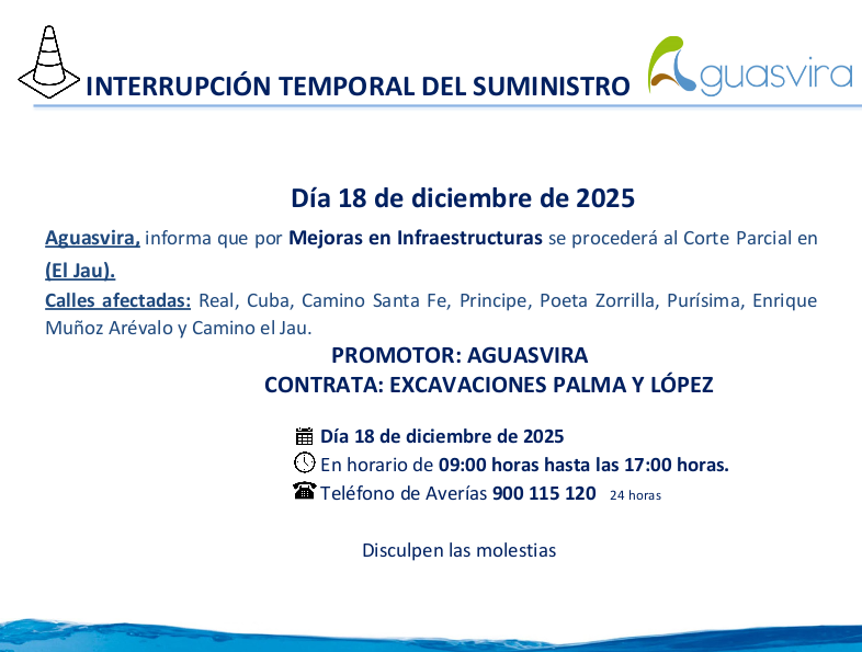 Corte parcial #JAU por mejoras en infraestructuras.
📅Jueves 18 de diciembre
🕐de 09;00 horas hasta las 17;00 horas.
Disculpen las molestias