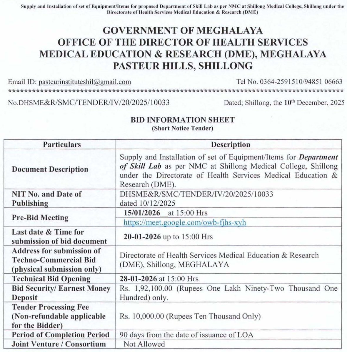 MeghalayaGov's tweet photo. #Tender Document for Supply &amp; Installation of set of Equipments/Items for the Department of #SkillLab at #ShillongMedicalCollege, #Shillong @DiprMeghalaya @meghalayahealth (https://t.co/jbHBIjAXiy) https://t.co/2yGNES0nf2