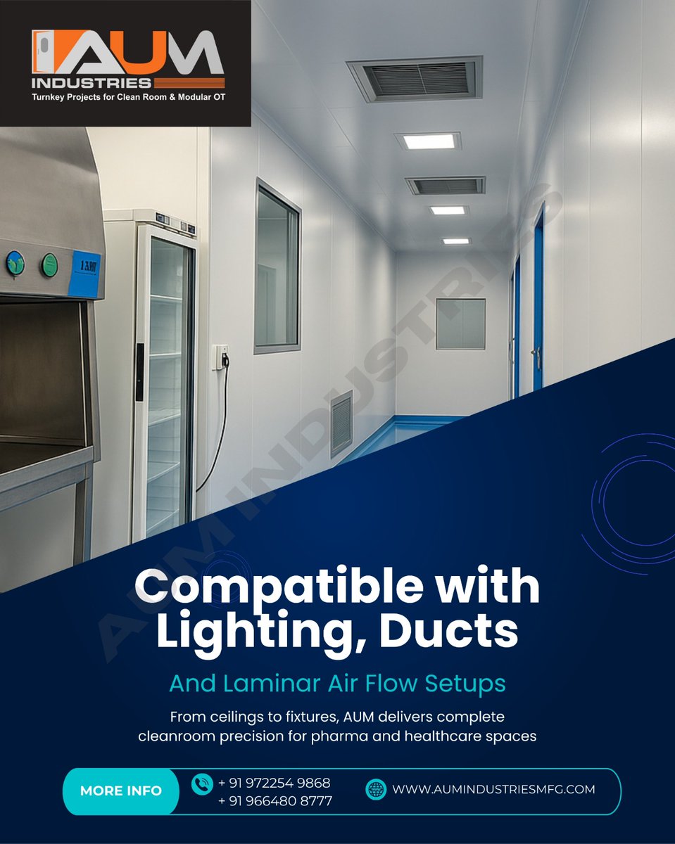 AumIndustries's tweet photo. Elevate your cleanroom with systems fully compatible with lights, ducts, and laminar airflow setups—from ceiling to light fixtures. 
#CleanroomLights #DuctIntegration #LaminarFlowTech #CeilingToFixtures #EngineeringSeamless #InnovationFlow #ViralCleanrooms #TechCompatibility https://t.co/IVl6jBIvp1
