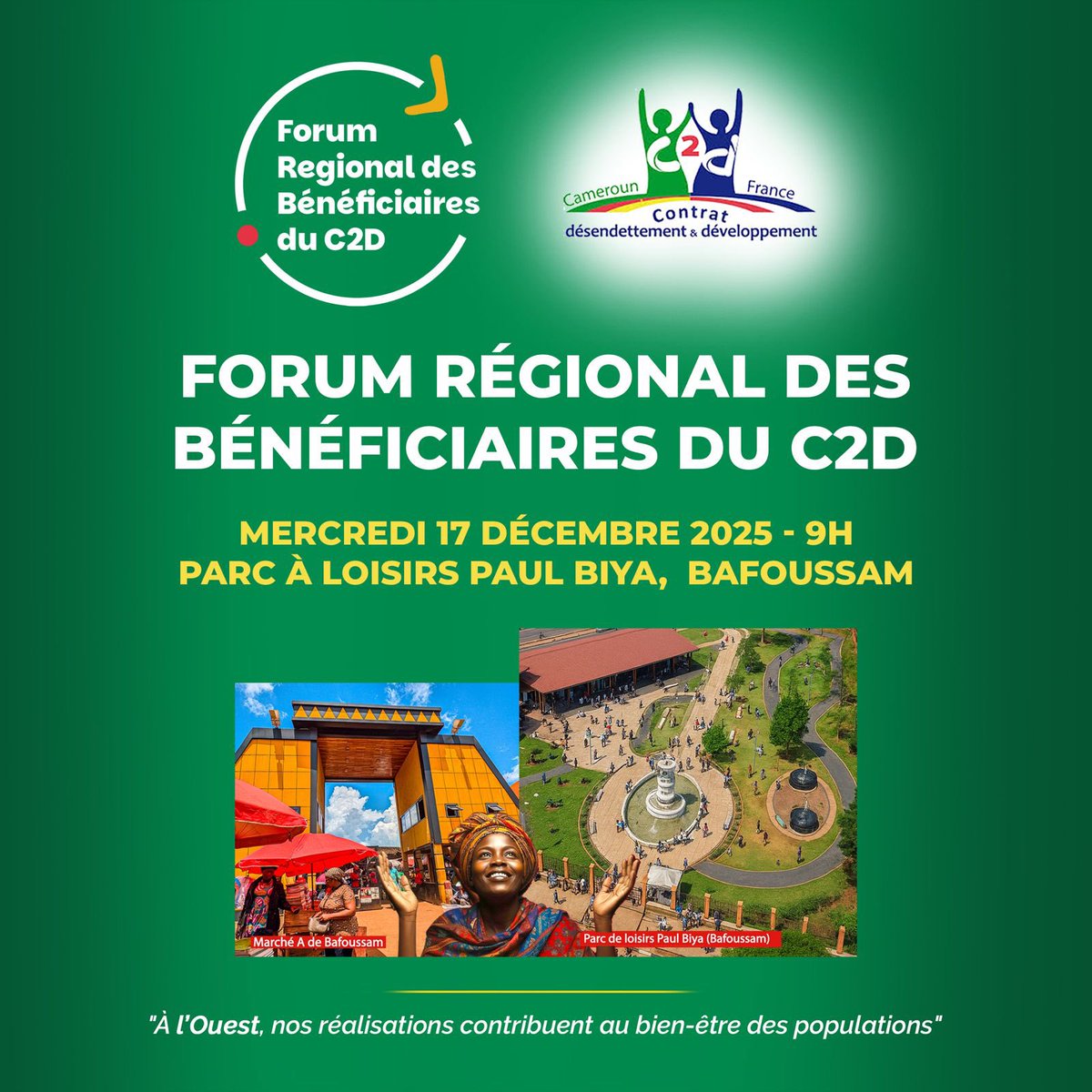 📢 Bafoussam | Demain dès 9h
La ville accueille le Forum régional des bénéficiaires du C2D.
Objectif : valoriser les réalisations du C2D dans la région de l’Ouest et donner la parole aux bénéficiaires.
Exposés, témoignages, stands et échanges médias au programme.
🗣️OUVERT AU