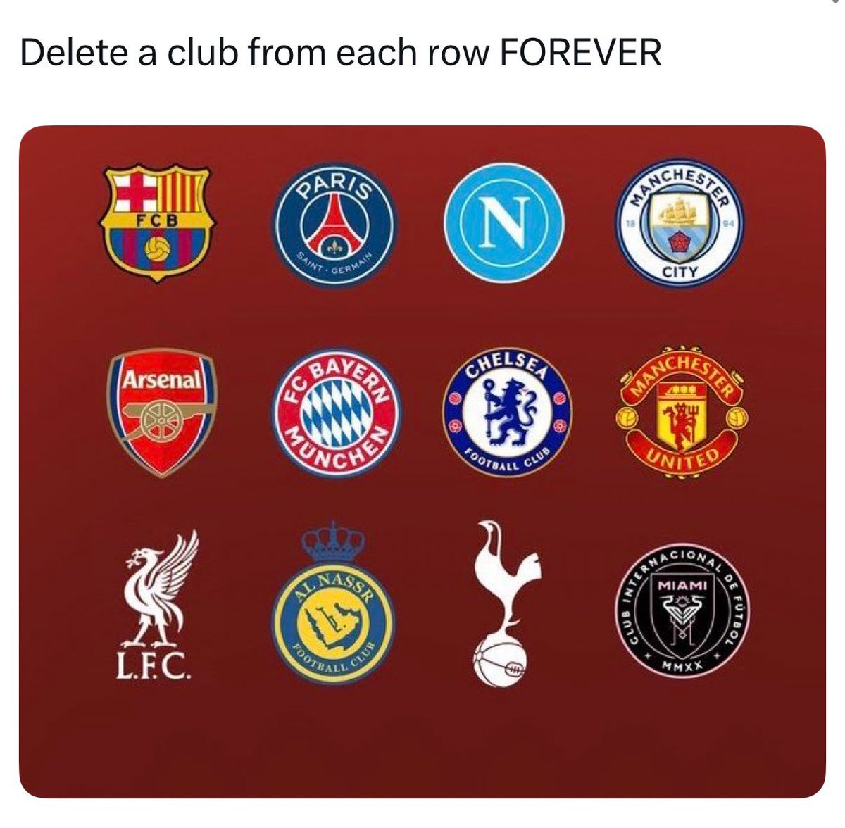 punterclash's tweet photo. If you had the power to delete one club from each row forever, which clubs would it be?
#BetDifferently #YouOwnTheOdds https://t.co/rXXqZotP5O
