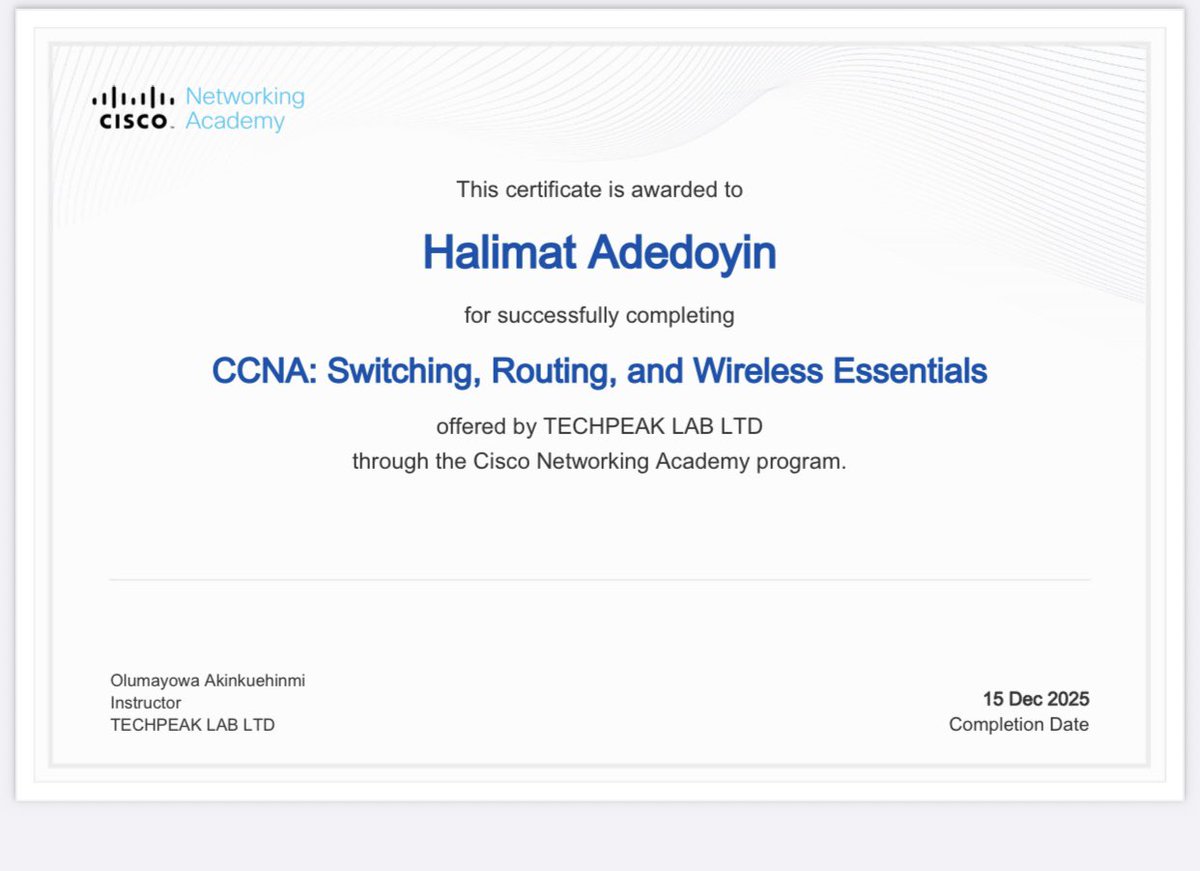 leey_mah's tweet image. Finally completed the CCNA1 and CCNA2 course on Cisco netacad. Huge appreciation to @TechPeakLab @22teamfoundation for this amazing opportunity also thanks to my wonderful instructors @akintunero @lanceeihoda for the incredible support and mentorship. Looking forward to CCNA 3🎉