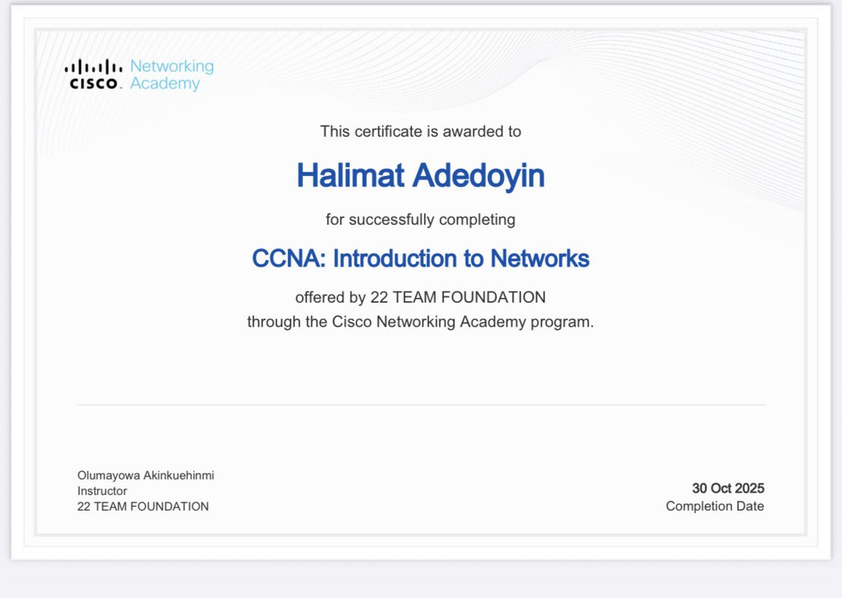 leey_mah's tweet image. Finally completed the CCNA1 and CCNA2 course on Cisco netacad. Huge appreciation to @TechPeakLab @22teamfoundation for this amazing opportunity also thanks to my wonderful instructors @akintunero @lanceeihoda for the incredible support and mentorship. Looking forward to CCNA 3🎉