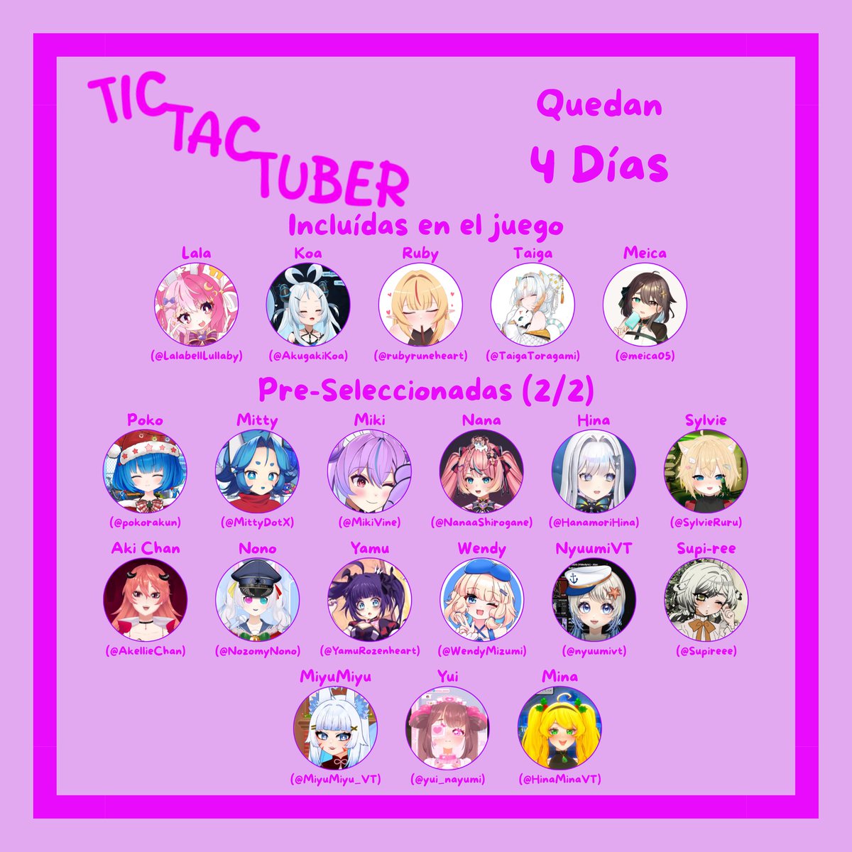 yumemikomirai's tweet photo. [Actualización 6]

Lista final de pre-seleccionadas 🩷

Si aún no votaste, puedes votar (hasta 3) aquí : https://t.co/GAAFpAJwRs

Y si ya votaste, comparte con los seguidores de tu oshi ✨

Quedarán seleccionadas las 13 más votadas❣️

#TicTacTuber #vtuber https://t.co/m7QgMsu79g