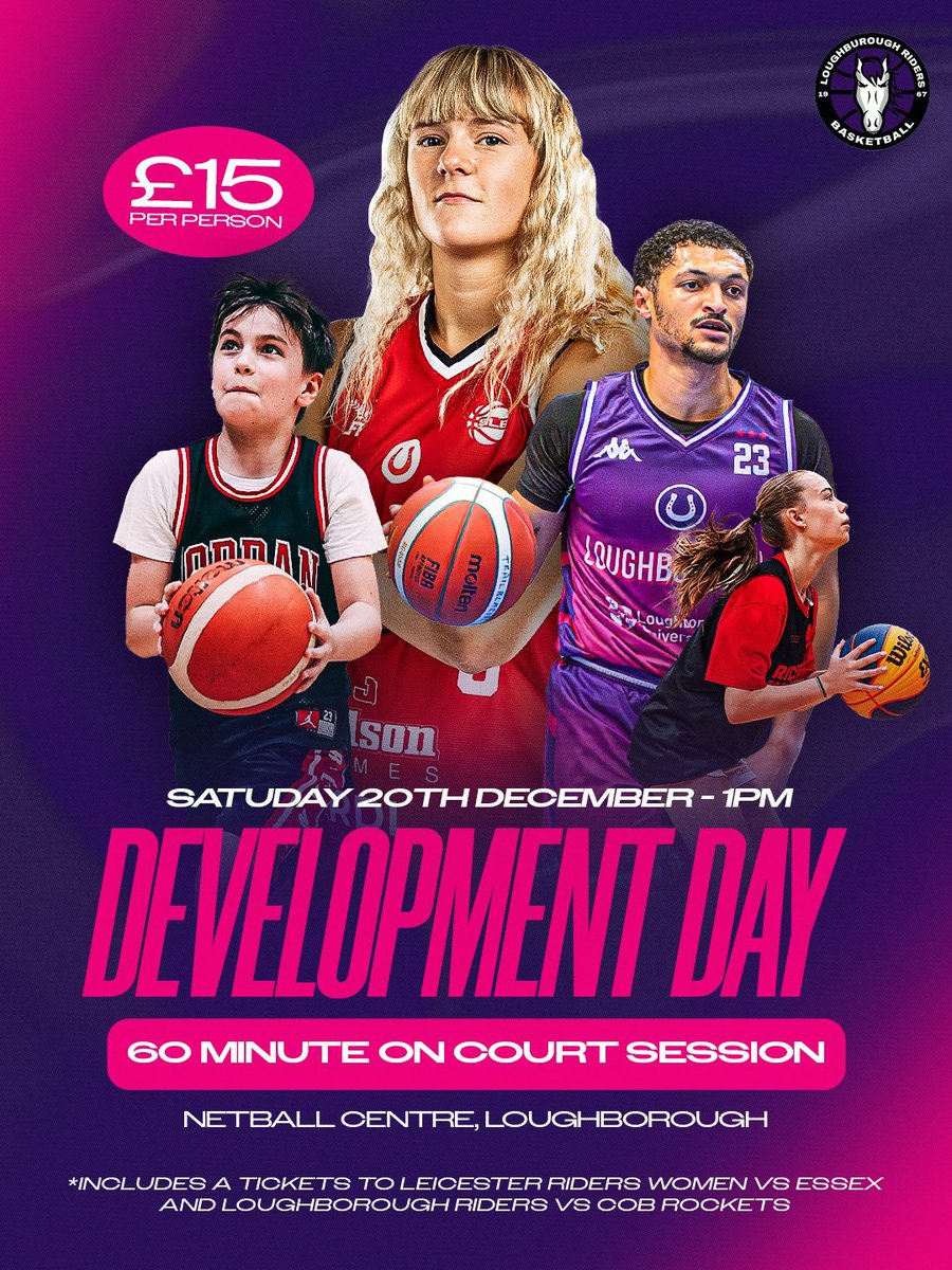 RidersBball's tweet photo. Join us this Saturday for our final Development Day of 2025! 🎄🏀

Enjoy a 60 minute on court session led by our Riders players &amp; coaches followed by 2 exciting fixtures for @RidersWomen &amp; @lborobasketball all for just £15! 😁

🎟️ Book here: https://t.co/gWYkX3kkZT https://t.co/yR1MYhKMXK