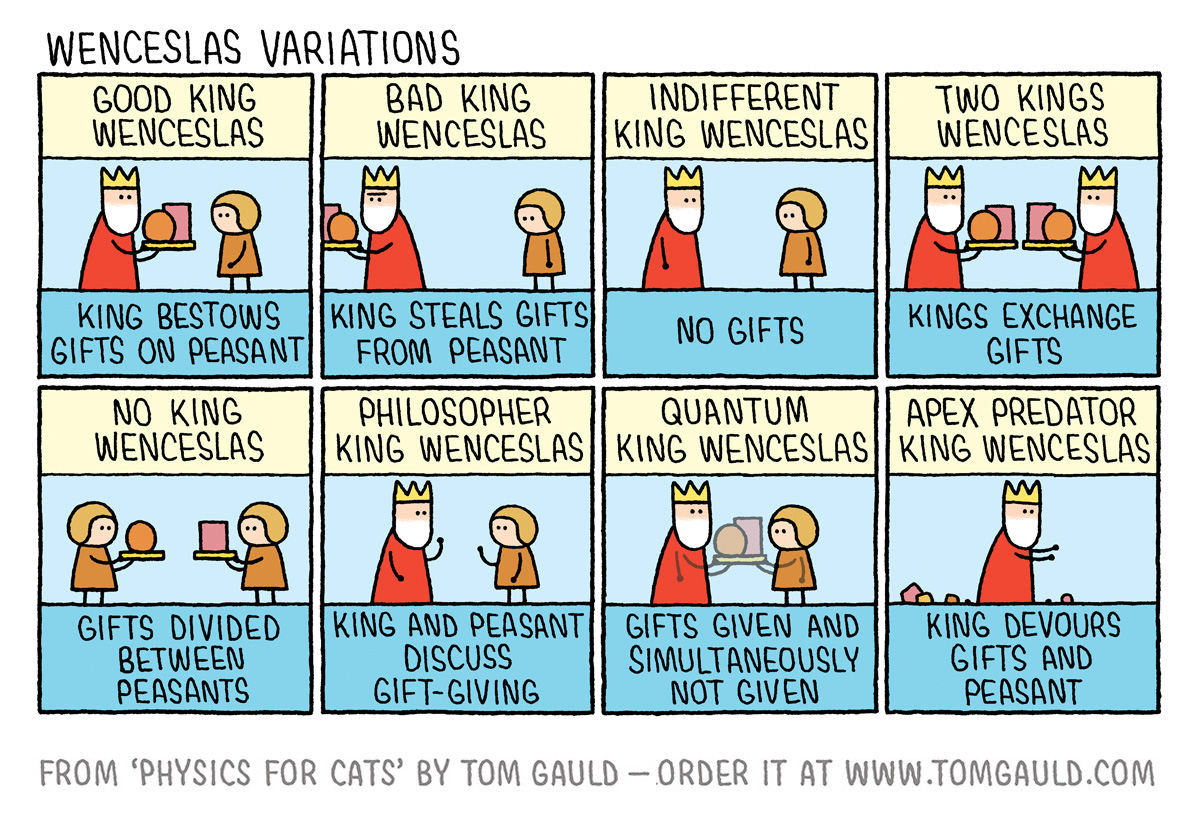 A Christmas cartoon from my new book of science cartoons PHYSICS FOR CATS. In good bookshops and online now: tomgauld.com/comic-books-v2