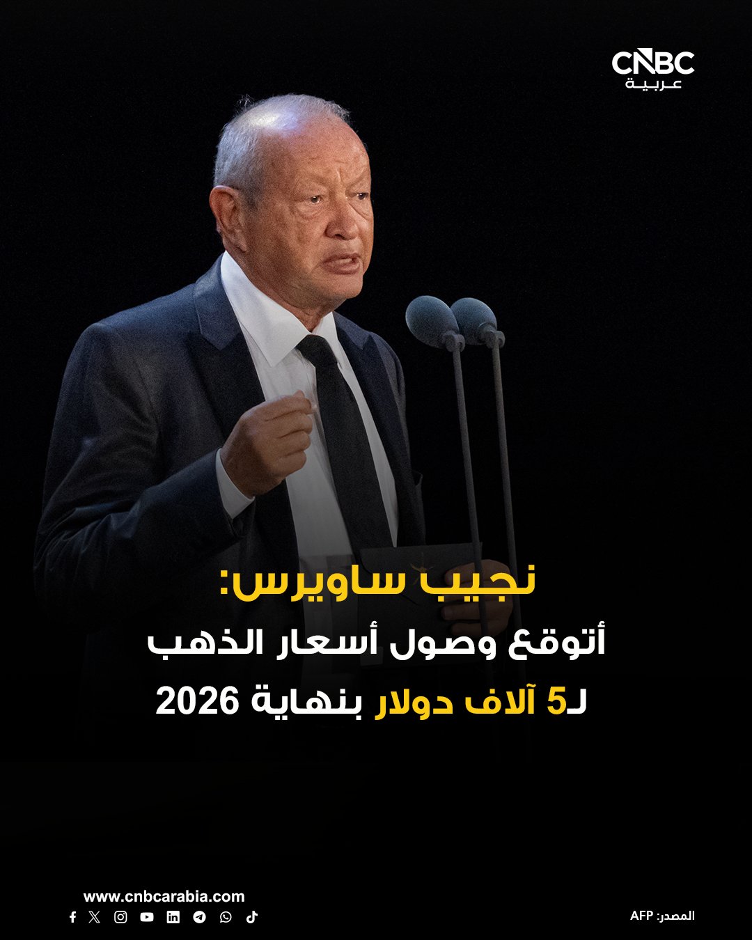 رئيس مجلس إدارة أوراسكوم للاستثمار المصرية نجيب ساويرس: ندرس حالياً دمج كل الشركات التابعة لنا في شركة واحدة قابضة. نخطط لبناء فندق جديد أمام الأهرامات. أنفقنا 1.5 مليار جنيه لتطوير منطقة الأهرامات. يجب أن تتخارج الحكومة من كل القطاعات وأن تسرع في طرح الأصول المملوكة للدولة أمام القطاع الخاص. طرح حصص من بنكي الأهلي ومصر في البورصة سيحقق نجاحاً كبيراً. مهتم بالمنافسة على إدارة وتشغيل مطار الغردقة بالتعاون مع إحدى الشركات الأوروبية. أتوقع وصول أسعار الذهب إلى 5 آلاف دولار بنهاية العام المقبل 