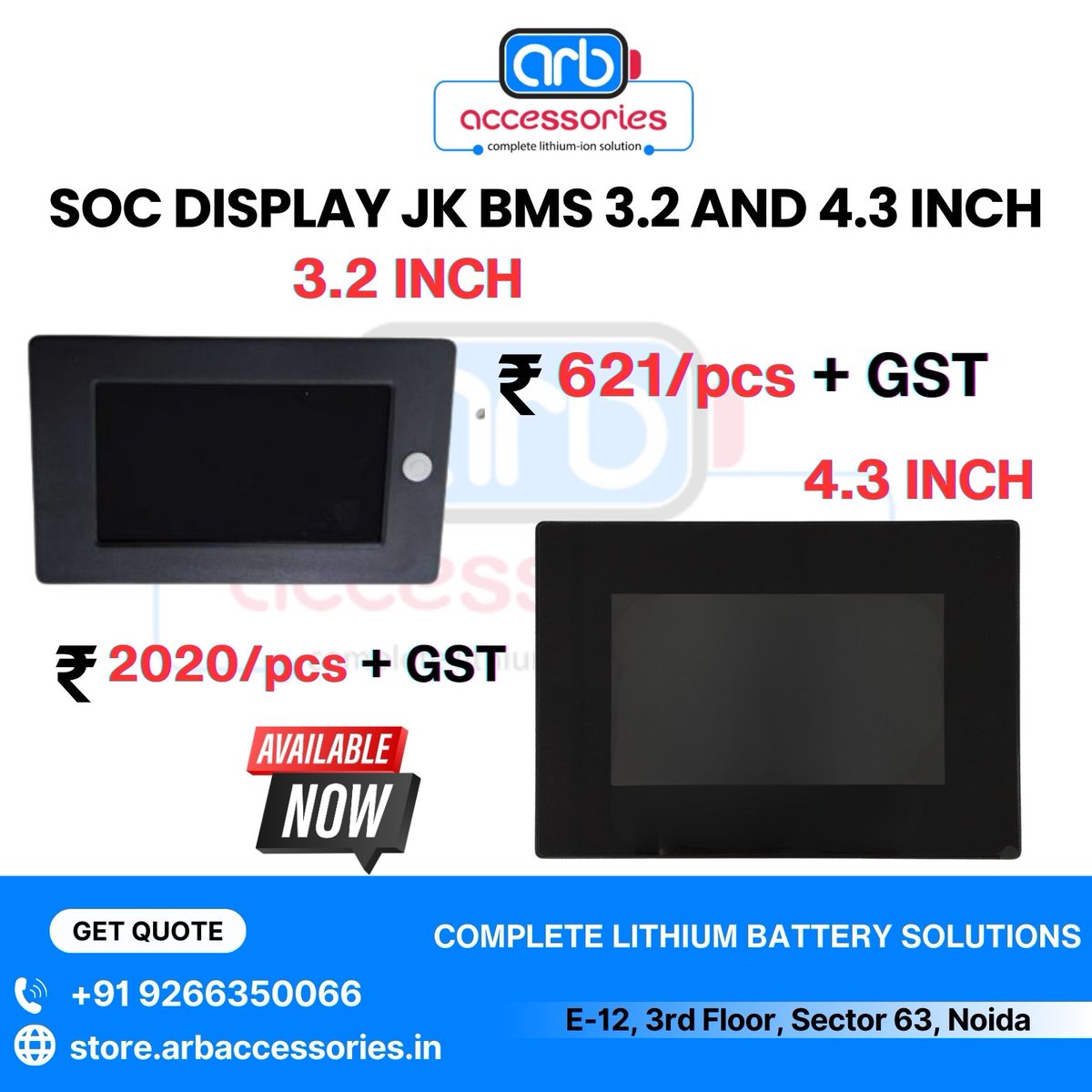 arb_ltd's tweet image. 🔋 SOC Display  ⚡

🔹 SOC Display JK BMS 2.3 Inch
🔹 SOC Display JK BMS 3.2 Inch 
🔹 SOC Display JK BMS 4.3 Inch 

🛒 Buy Now:
store.arbaccessories.in/category/batte…

#Arbaccessorie #JKBMS #SOCDisplay #BatteryMonitoring #EVDisplays #StateOfCharge #LithiumBattery #ESS #SmartBMS #EVComponents