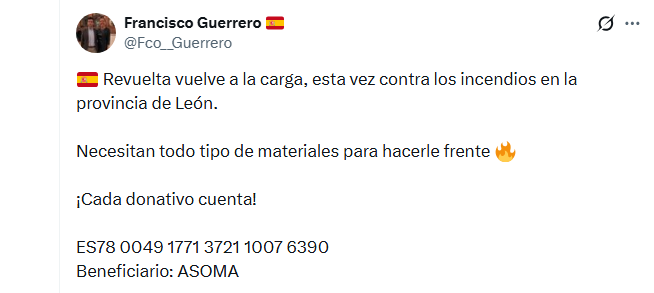 Uno de los principales motivos por los que VOX fiscaliza el dinero recibido por REVUELTA es porque muchas de sus cuentas oficiales, cargos, militantes y trabajadores han pedido dinero para ellos (ASOMA) especificando que era para la DANA. También estaba en la web y lo borraron.