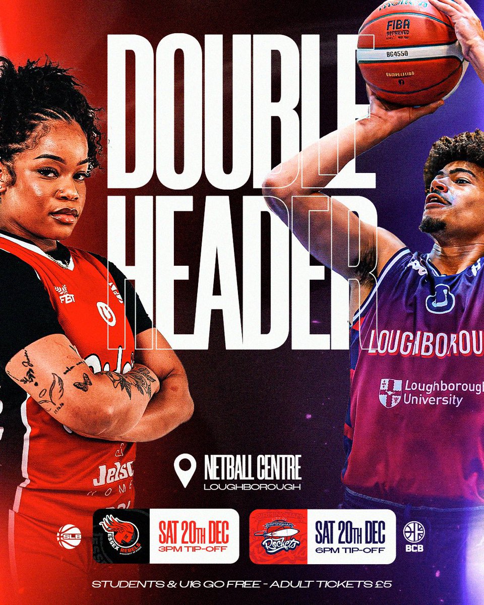 lborobasketball's tweet photo. 🚨It’s DOUBLE-HEADER weekend in Loughborough! 

@RidersWomen host Essex to start the day at 3pm followed by a BCB clash between @lborobasketball &amp; Birmingham! 👀

🎟️ Tickets are free for U16, Students &amp; @ridersbball season ticket holders - adult tickets £5. https://t.co/u9rcMIqV2x