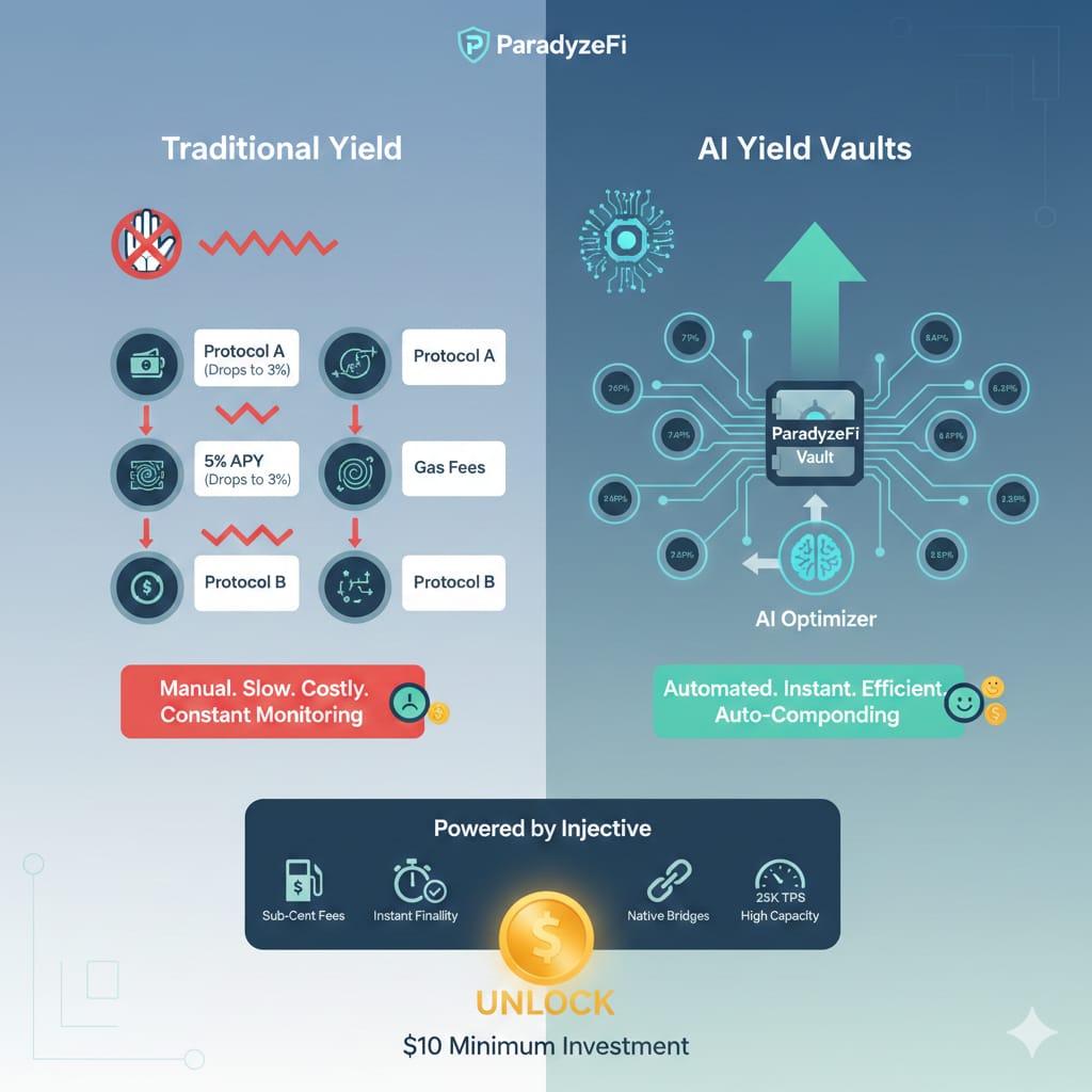 BuddyBuilderr's tweet image. Understanding @ParadyzeFi's AI Yield Vaults on @injective's infrastructure: 🏦

*How Traditional Yield Works:*
You manually deposit USDC into Protocol A at 5% APY. Rate drops to 3%? You need to manually withdraw, find Protocol B, pay gas fees, wait for transactions. Repeat…