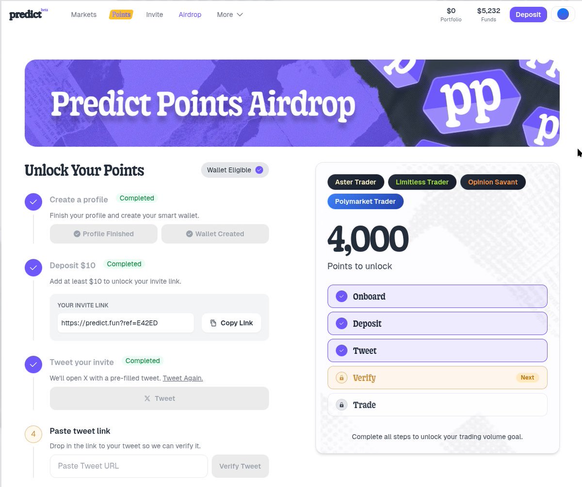 My account just got whitelisted on <a href="/predictdotfun/">predict.fun</a> 🎲

Registered, deposited some cash and starting to play around now.
Looks like the platform noticed I was a quality user on <a href="/Aster_DEX/">Aster</a> <a href="/Polymarket/">Polymarket</a> <a href="/opinionlabsxyz/">Opinion ⁒</a> and <a href="/trylimitless/">Limitless</a>, so they gave me 4,000 initial points.
Not sure