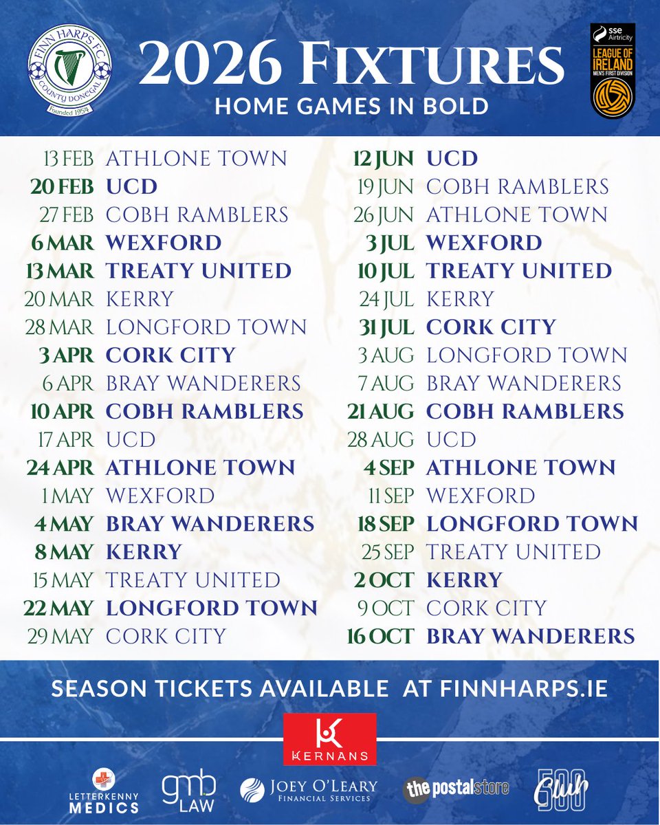 FinnHarpsFC's tweet image. Presenting your FInn Harps fixtures for the 2026 campaign 🥁 

We kick off the season in Athlone Town before welcoming UCD to Finn Park for our first home game! 👊 

Season tickets: finnharps.ie/ticketing/seas…

#UTH🔵⚪️
