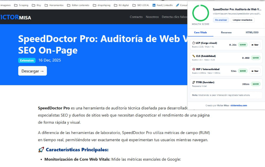 ¿Tu web es lenta o le cuesta superar las Core Web Vitals de Google? 🚀

He creado SpeedDoctor Pro, una extensión de Chrome para auditar el rendimiento real (LCP, CLS y el nuevo INP) y el SEO On-Page al instante. Detecta los frenos de tu web y optimiza ya.

Pruébala gratis aquí 👇