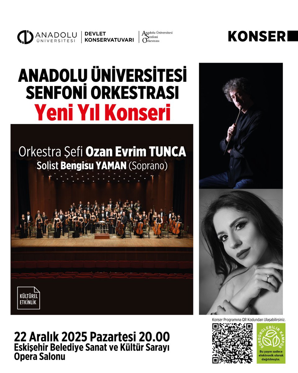 Anadolu Üniversitesi Senfoni Orkestrası
Yeni Yıl Konseri

🗓 22 Aralık 2025
⏰ 20.00
📍 Eskişehir Belediye Sanat ve Kültür Sarayı Opera Salonu

<a href="/Anadolu_Univ/">Anadolu Üniversitesi</a>