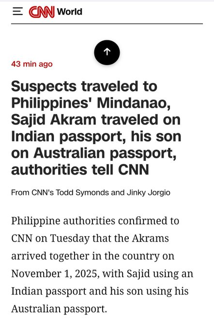 SoftWarNews's tweet photo. BERITA BESAR 🚨
Media internasional mengkonfirmasi bahwa pelaku serangan Pantai Bondi, Sajid Akram, tiba di Filipina bulan lalu dengan paspor India, yang menegaskan kewarganegaraan Indianya — media India sebelumnya secara keliru menuduh bahwa para pelaku memiliki latar belakang Pakistan, yang kini telah terbukti salah.