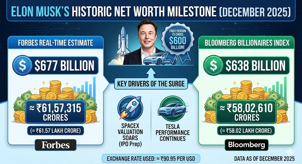 Times_of_Cinema's tweet image. 🚨Elon Musk has become the first person ever to cross the $600 Billion mark.

His net worth is currently approx ₹61.57 Lakh Crore (via Forbes), driven by soaring SpaceX &amp;amp; Tesla valuations. 🤯💰

#ElonMusk #NetWorth
 #SpaceX #Tesla #India