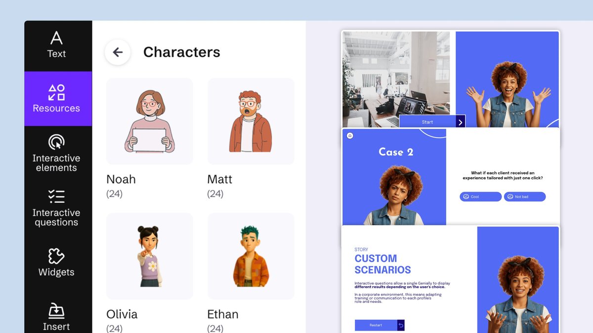 🆕🎉Ahora puedes elegir un personaje para guiar, narrar, crear diálogos o incluso como avatares. Elige entre estilo realista o ilustrado y su estado de ánimo. Algunas ideas para usarlos:

💡Para recrear situaciones como atención al cliente, entrevistas o debates.
💡Para