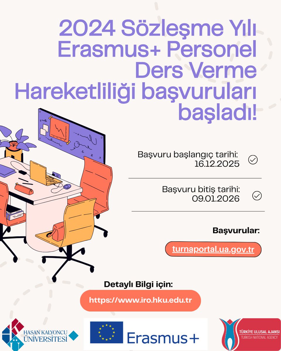 🚀 Akademik tecrübenizi Avrupa'ya taşımaya hazır mısınız?

HKÜ 2024 Sözleşme Yılı Erasmus+ Personel Ders Verme Hareketliliği başvuruları BUGÜN başladı! 🌍✨

🗓 Son Gün: 09.01.2026 📝 
Başvuru: turnaportal.ua.gov.tr
📌 Detaylar: iro.hku.edu.tr