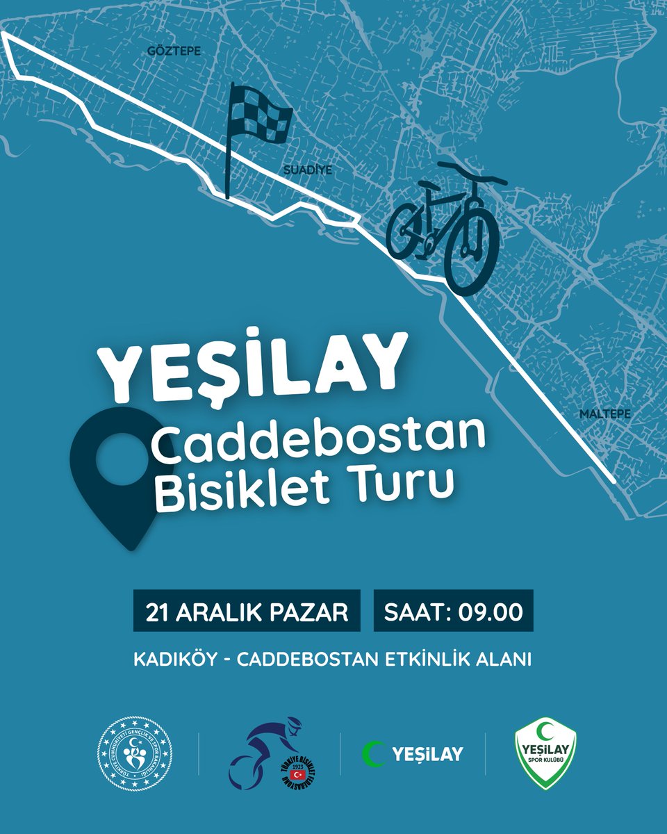 Yeşilay’la harekete geç, bağımlılıklara karşı pedal çevir.🚲

21 Aralık Pazar sabahı, İstanbul’un en güzel sahil rotasında sağlıklı yaşam için pedallıyoruz! 😎

Yeşilay Spor Kulübü ve Türkiye Bisiklet Federasyonu iş birliğiyle düzenlenen Yeşilay Caddebostan Bisiklet Turu, saat