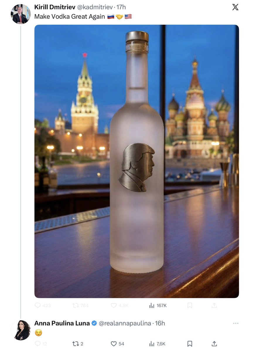 JayinKyiv's tweet photo. US Congresswoman celebrates with Putin's crony that the US president just got a trademark in Russia for Trump Vodka.

America is gone and Europe needs to understand and get armed. https://t.co/ggk5tSJRZc