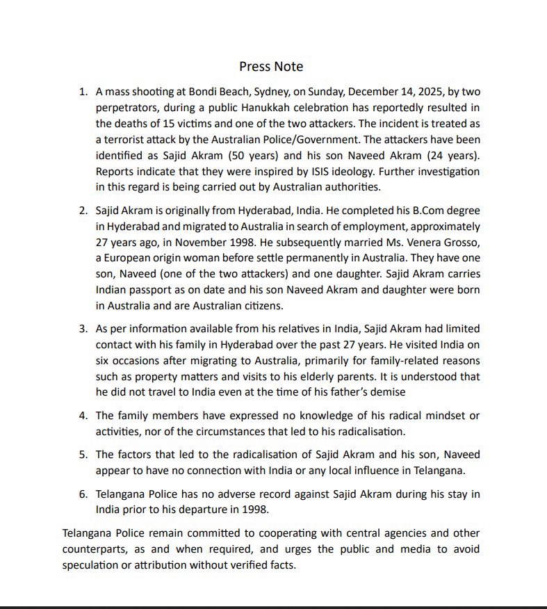 sardesairajdeep's tweet image. Important: Telangana DGP press note confirms that one of  the Bondi Beach attackers, Sajid Akram was of Indian origin, from Hyderabad, who migrated to Australia in 1998 and carries an Indian passport as of date (not Pakistani as widely mentioned yday). Let’s also remember,…