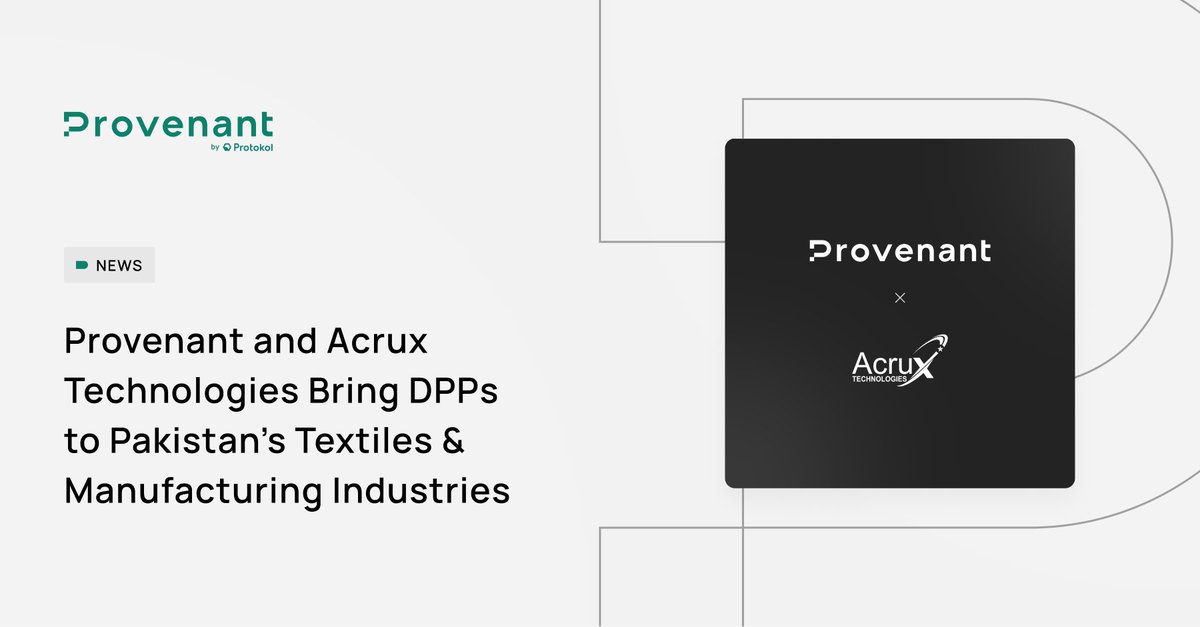ProvenantDPP's tweet photo. 📢 Provenant has partnered with @acruxtek to introduce Digital Product Passport (DPP) solutions in Pakistan’s textile, furniture, electronics, chemicals, and FMCG sectors.

Combining Provenant’s robust DPP platform with Acrux’s expertise in AI-powered trade facilitation will give local businesses the ability to create detailed lifecycle records for products, including material composition, manufacturing processes, sustainability data, circularity metrics, and more.

This will help these businesses improve sustainability transparency, strengthen trust amongst their local and international customer base, and comply with product sustainability legislation such as the ESPR.

Read the full story here: https://t.co/o85mIB8mGe

#DigitalProductPassports #ESPR #Sustainability #AI