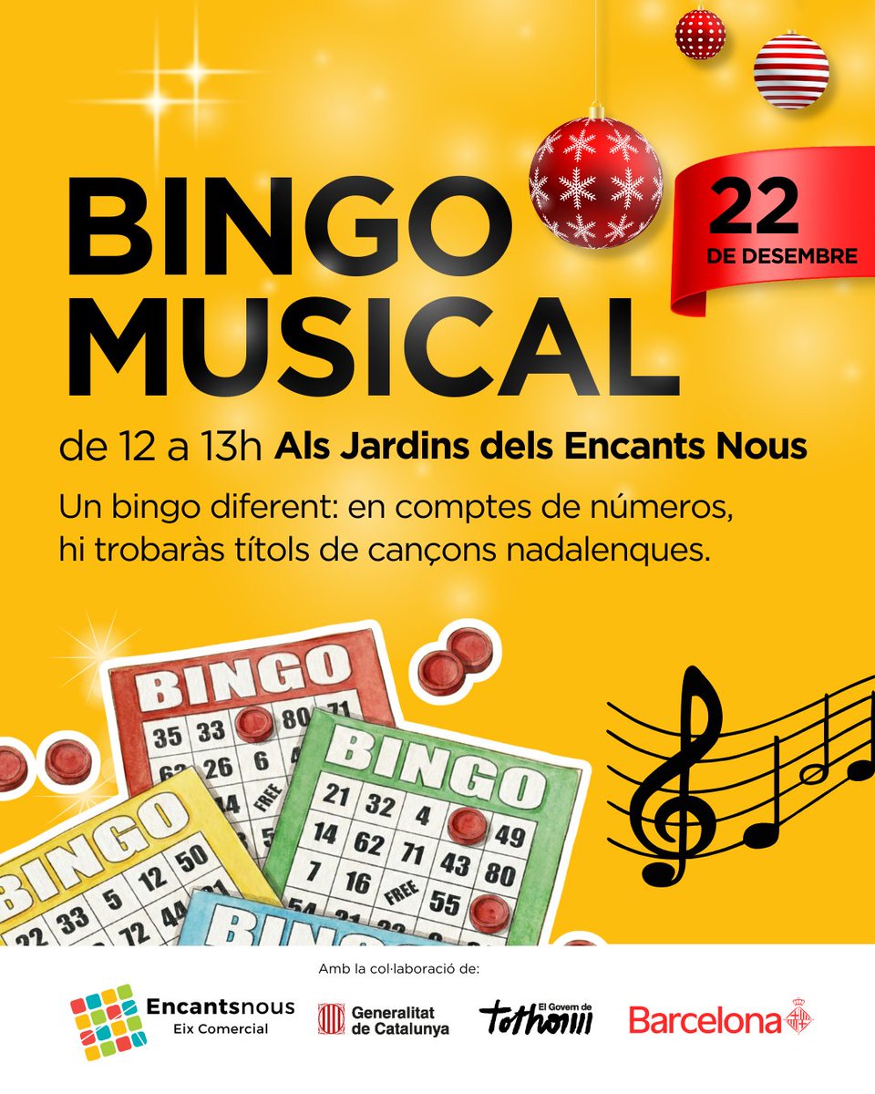 🎄✨ BINGO MUSICAL ALS ENCANTSNOUS! ✨🎶
El 22 de desembre, d’12 a 13 h, t’esperem als Jardins dels Encants Nous per viure un bingo com no l’has vist mai!