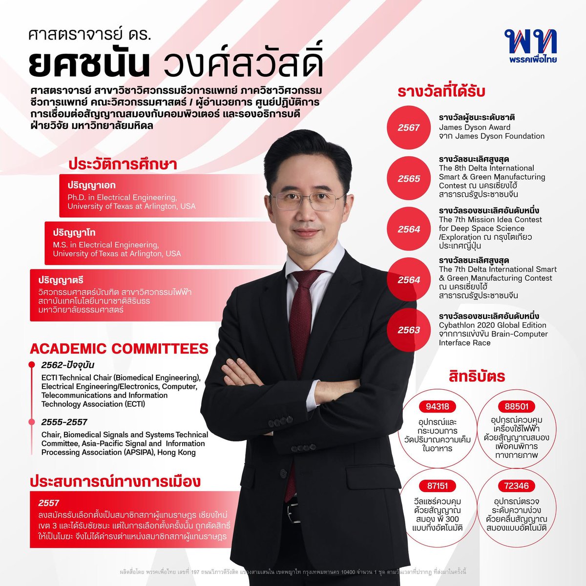 - เคยชนะเลือกตั้งที่เชียงใหม่ปี 57 แต่ถูกเป็นโมฆะช่วงรัฐประหาร
- ผลงานวิจัยที่ถูกตีพิมพ์ 154 ฉบับ
- เป็นศาสตราจารย์ตั้งแต่อายุ 45
- สิทธิบัตร 4 ชิ้น
- รางวัลด้านสิ่งประดิษฐ์ระดับนานาชาติ

ทั้งหมดนี้ ถ้าทีม the standard ไม่มีปัญญาหาข้อมูลมาพูดลงคลิปพี่ไปดูในเพจพรรคก่อนก็ได้ค่ะ
