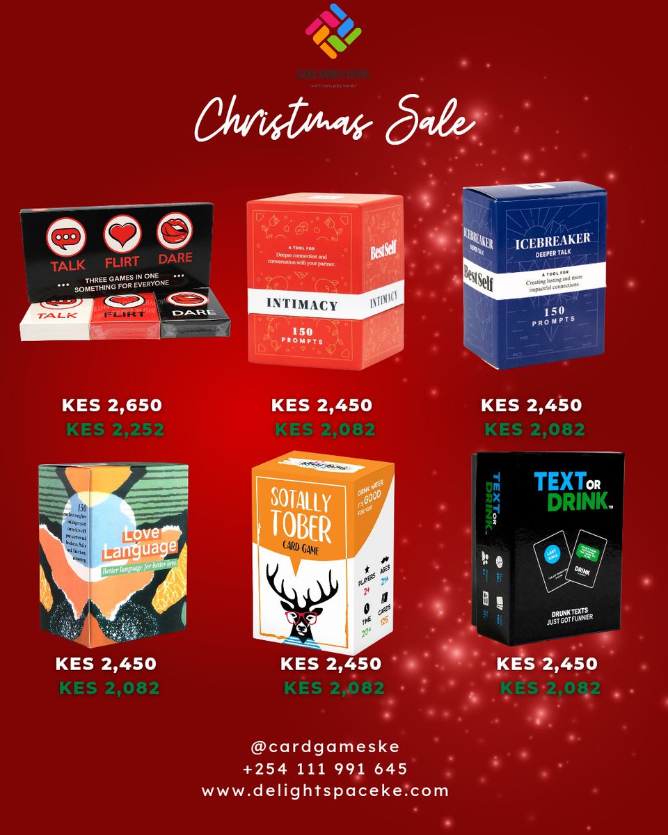 Have you secured your Christmas Gifts? <a href="/delightspaceke/">Delight Space Kenya</a> has got you covered. Surprise your loved ones with our special toys this festive season. 

Get 15% off all AdultToys &amp; CardGames. 12-24 December, 2025. WhatsApp +254111991645 

#CardGamesKe #Cards #Games #Sale #ChristmasSale