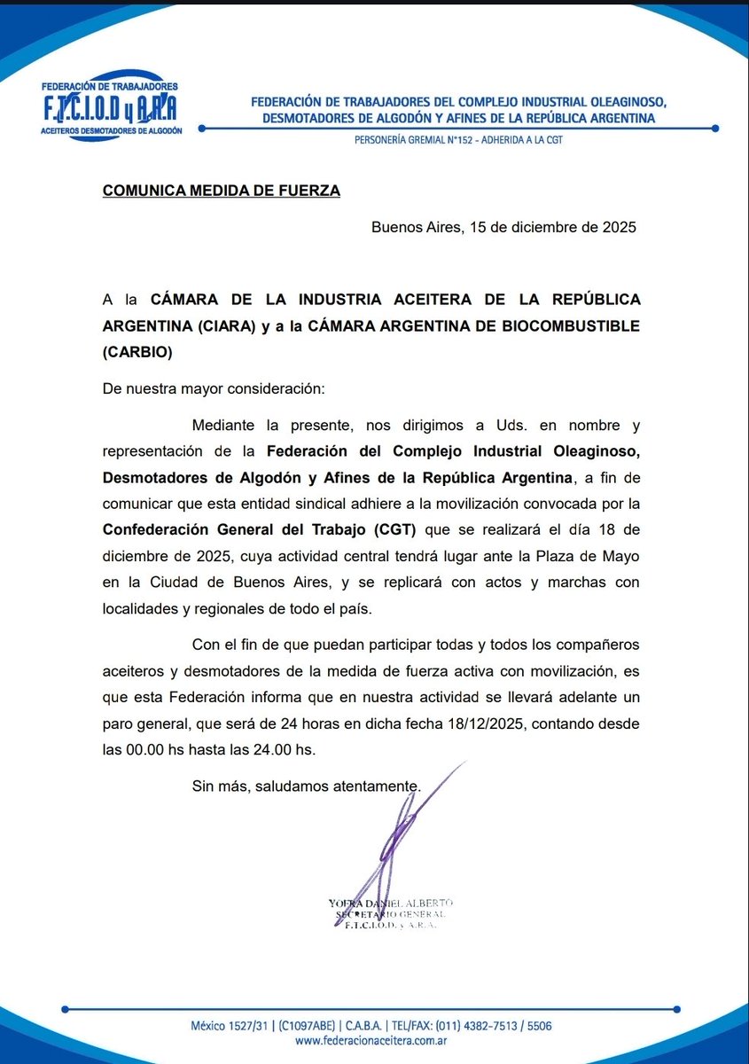 La industria aceitera se sorprende y cuestiona fuertemente la decisión de la <a href="/FTCIODyARA/">Federación Aceitera Desmotadora FTCIODyARA</a> de decretar un paro nacional frente a una negociación paritaria que selló la paz social hasta mediados del 2026, tal como sindicatos e industria acordaron; más aún, sin existir un solo