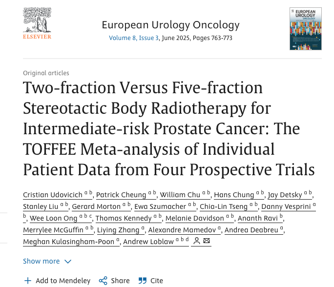 APCCC_Lugano's tweet photo. Two-fraction Versus Five-fraction Stereotactic Body Radiotherapy for Intermediate-risk Prostate Cancer
https://t.co/mWEo84bs0q
This individual patient data meta-analysis of four prospective trials compared two-fraction versus five-fraction stereotactic body radiotherapy ☢️for intermediate-risk #ProstateCancer and found no meaningful differences in long-term outcomes. With a median follow-up of 9.4 years, biochemical failure, distant metastasis rates, and patient-reported urinary and bowel quality of life were comparable between the two approaches.
Despite the non-randomized design, these results provide the first prospective evidence suggesting that ultra-hypofractionated two-fraction SBRT may offer similar efficacy and tolerability to five-fraction SBRT, supporting its potential role as a standard-of-care option for appropriately selected patients with intermediate-risk prostate cancer.
@cristian_udo
@jaydetsky
@DrStanLiu
@gerard_morton
@dr_vesi
@weeloonong
Andrea Deabreu
@Sunnybrook
@DrAndrewLoblaw
@OncoAlert 🚨
@silkegillessen
@AOmlin
@weoncologists