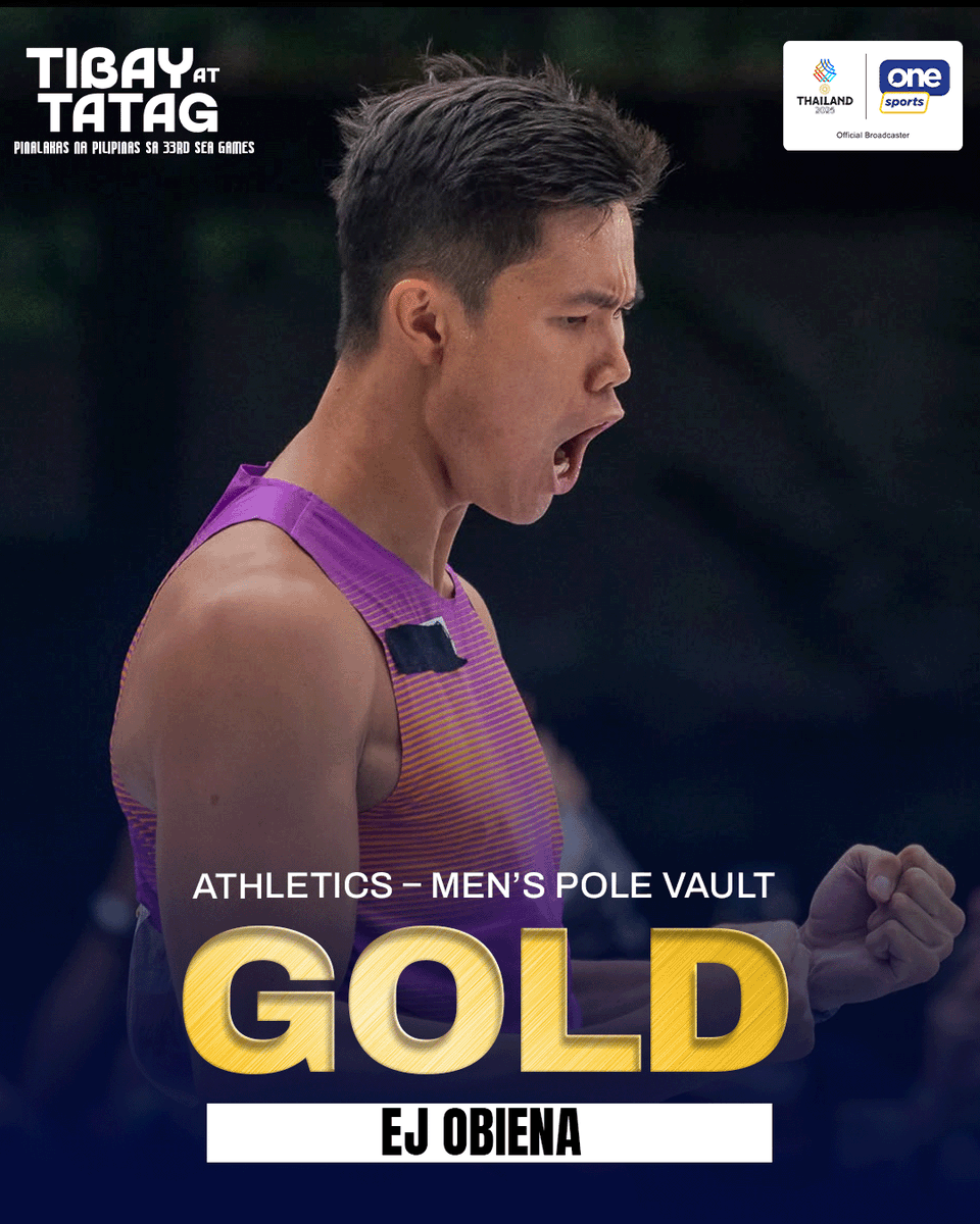 OneSportsPHL's tweet photo. FOURTH STRAIGHT SEA GAMES GOLD 🥇🥇🥇🥇

EJ Obiena seals his fourth SEA Games pole vault gold medal after setting a new record of 5.70 meters, achieved in just a single attempt, at the 2025 edition of the biennial event.

#2025SEAGames #SEAGames #TibayAtTatag #SEAGames33 https://t.co/ONj23tqiXN