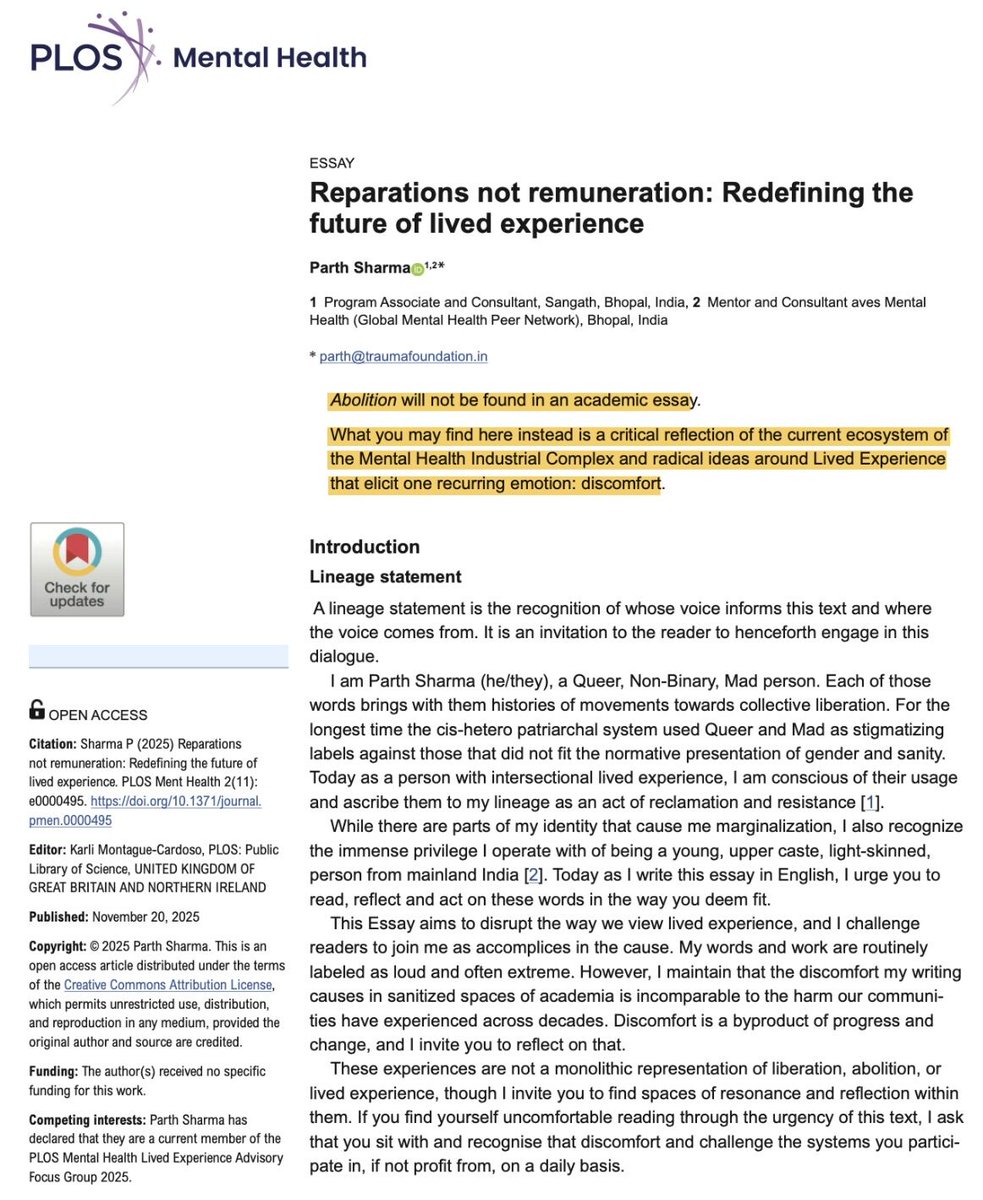 SangathIndia's tweet photo. 📌A Story We Need to Sit With 

Our latest publication traces how lived experience in mental health - once rooted in resistance, and collective struggle - has gradually been absorbed by the very systems that caused harm.

🔗 Read the paper here: https://t.co/D5iAHTt610 

#PLOS https://t.co/pdPGTDJTUu