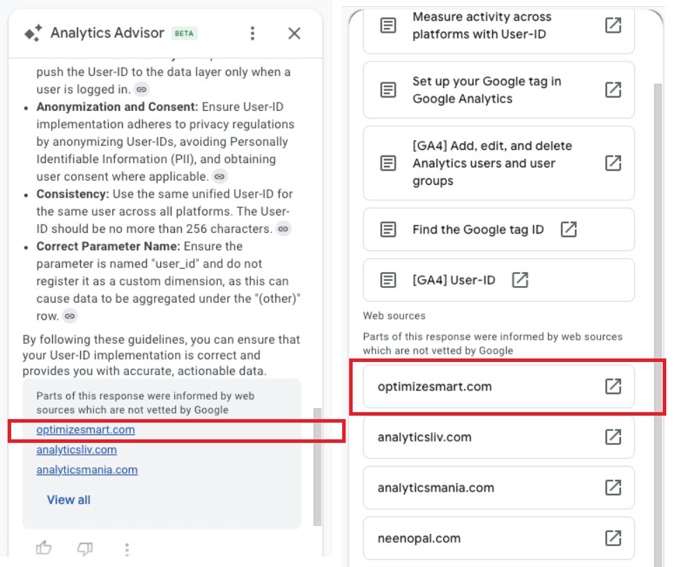 analyticsnerd's tweet image. First discovered by Diego Mainez
I haven't seen Analytics Advisor mentioning non-Google properties before in its AI responses. I tested it my self for the prompt 'where can i learn more about user id' and found my blog listed. After all, Analytics Advisor is powered by Gemini.…