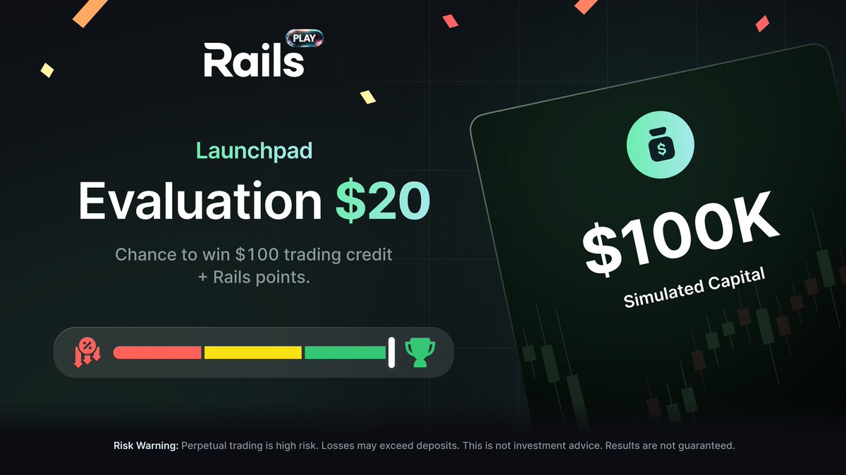 bluzabs_'s tweet image. 🚀 Rails Play [@rails_xyz] is designed for traders who want to prove their edge in real market conditions without unnecessary risk.

Each Evaluation gives you $100,000 in simulated capital, letting you execute real strategies, manage drawdowns, and trade with discipline.…