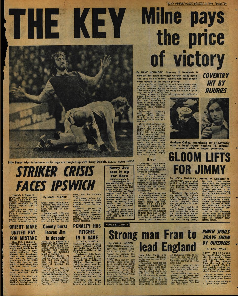 Fan89Footy's tweet photo. 16th December 1974:

FOOTBALL
Arsenal 0-0 Birmingham
Coventry 2-0 Newcastle
Derby 0-1 Everton
Ipswich 4-0 Spurs
Middlesbro 3-0 Birmingham
West Ham 0-0 Man City
Wolves 4-2 Burnley
FA Cup 3rd Rd Draw

CRICKET
Ashes 2nd Test https://t.co/WppXTp3qnw