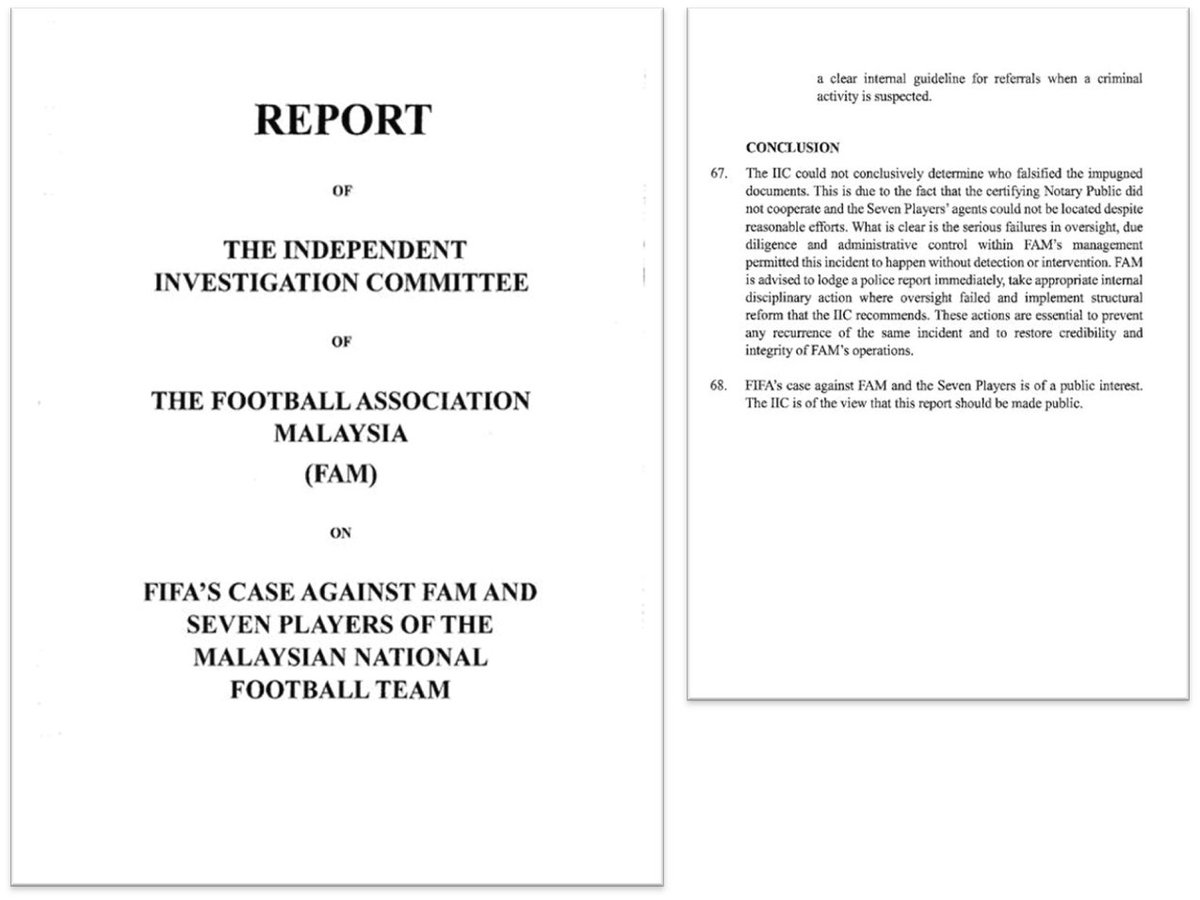 LimSianSeeEric's tweet photo. The Independent Investigation Committee’s report on the FIFA–FAM scandal has finally been handed to FAM.

What the committee found:

There was indeed document forgery.

The Madani government and NRD were not involved, because naturalisation does not rely on a player’s ancestral birth certificates but on the Minister’s discretion.

Only Malaysian courts can invalidate citizenship, and nothing in FIFA’s ruling suggests the citizenship grants were unlawful. FIFA rules govern sporting eligibility, not nationality law, and citizenship approval is entirely separate from FIFA eligibility.

The forged documents were created and submitted to FIFA from within FAM’s administrative process. Governance was weak, document verification poor, and accountability unclear.

The committee could not identify the forger due to limited investigative powers and missing witnesses. The Johor Bahru notary who certified the documents did not cooperate, and the players’ agent could not be located.

Committee recommendations:
1. FAM should lodge a police report to allow a proper criminal investigation.

2. FAM should take disciplinary action against the officials responsible.

3. FAM must strengthen governance, verification processes, and compliance systems.

In short, both FAM and the Madani government were scammed by the players’ agent.

The Madani government exercised discretionary powers to relax naturalisation requirements based on false assurances from the agents that the players would immediately qualify under FIFA’s heritage rules.

(Karma - being fooled by the same kind of false promises you yourselves fed to the public during elections.)

At the same time, FAM accepted the forged documents from the agent and forwarded them to FIFA without proper checks.