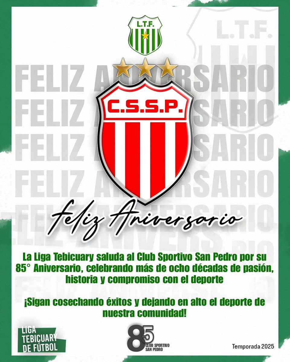 Muchas felicidades a toda la gente del Club Sportivo San Pedro, de San Pedro del Paraná, por su aniversario 85.
Salud!