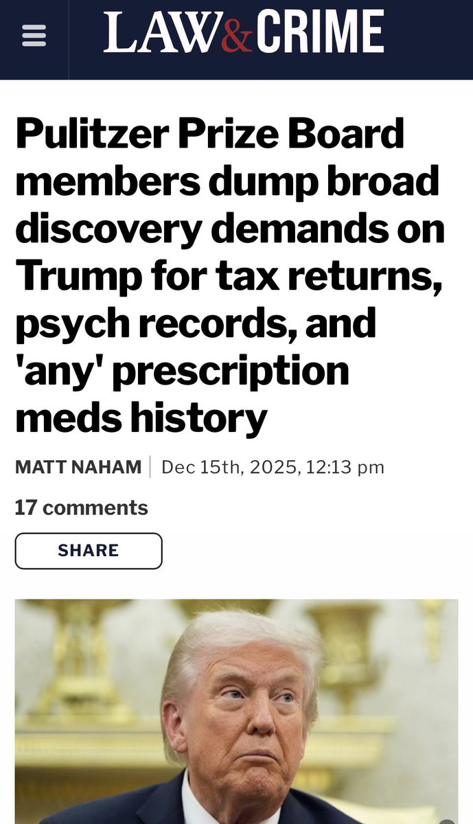 I totally forgot about this lawsuit. He filed it back in 2022 because he was upset that the journalism piece that got the Nobel prize was about his collision with Russia. 

The Pulitzer committee submitted a 12-page filing requesting the felon’s medical records and tax returns.