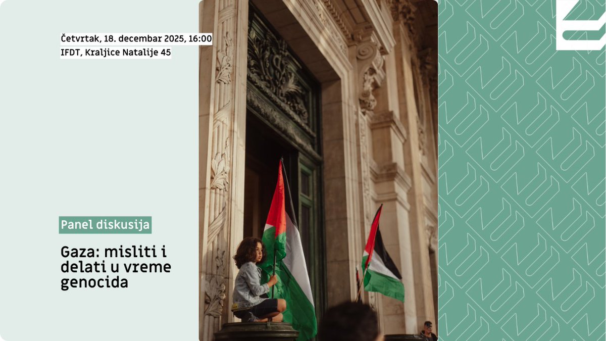 IFDT_Beograd's tweet photo. Panel Diskusija: Gaza – Misliti i Delati u Vreme Genocida
🗓️ Četvrtak, 18. Dec, 16:00 (IFDT). 🔗 https://t.co/74gUSuLLzO
Učesnici: @IvanEjub, @sociolos, @FilipBalunovic, Vera Mevorah, Marjan Ivković, Predrag Krstić, @Elflinchen, Andrea Perunović, Aleksandra Knežević
#CriticLab #YugoLab