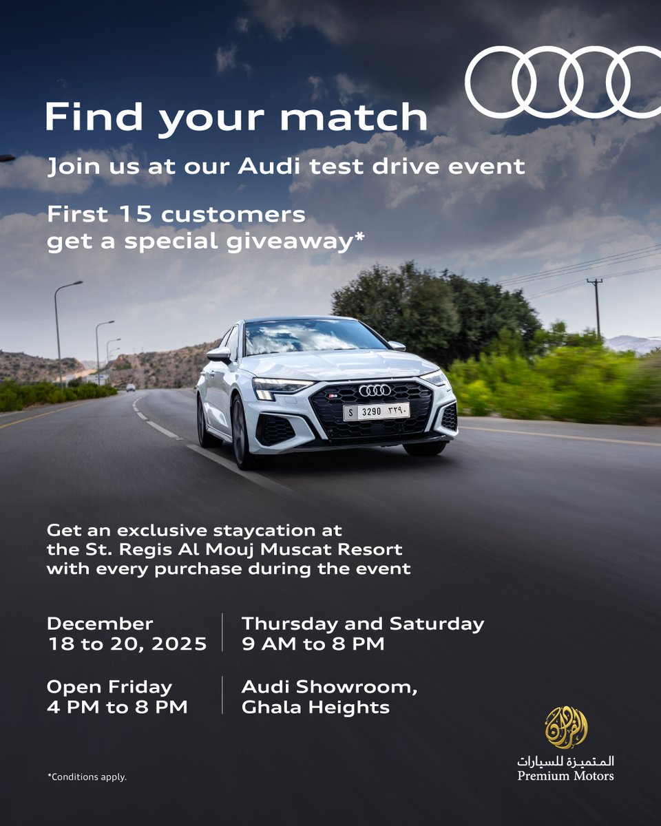 audi_oman's tweet photo. Find the perfect Audi to match your dreams at our test drive event.
Join us this weekend from 18thto 20th December at our Audi showroom in Ghala Heights to discover our Audi range. https://t.co/KuGOpsfmU3