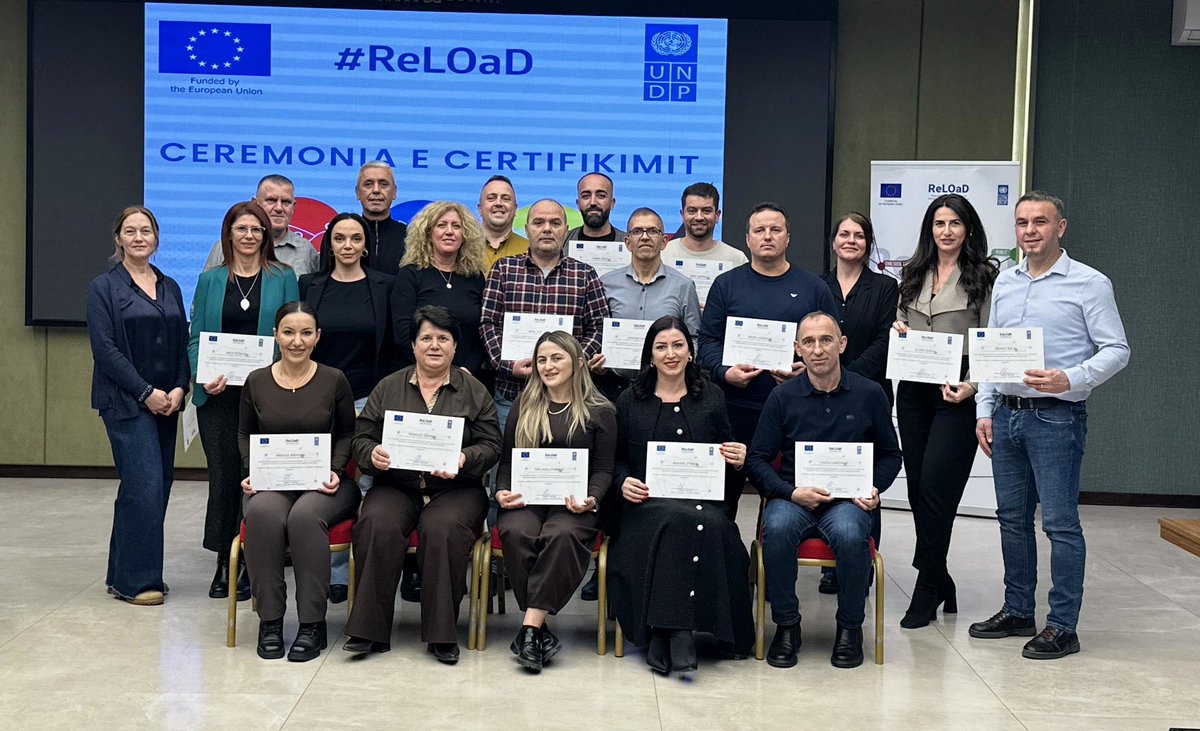 UNDP_Kosovo's tweet photo. 🎉 Certified! Partner municipalities completed Project Cycle Management training under EU-funded #ReLOaD3, gaining practical skills and strengthening cooperation with CSOs & communities for more impactful local projects. https://t.co/QKcMmUJ1fV