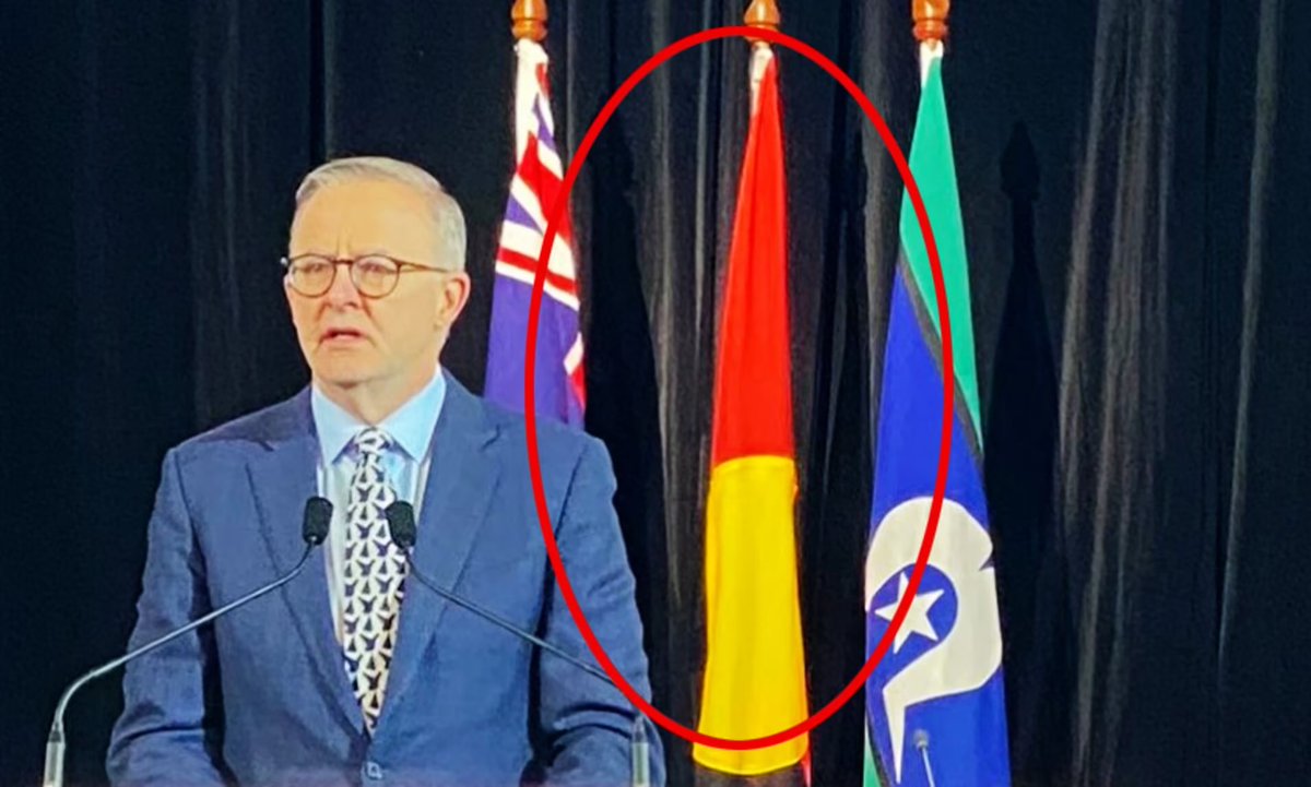 “We will not allow this country to be divided” but stands in front of three flags..