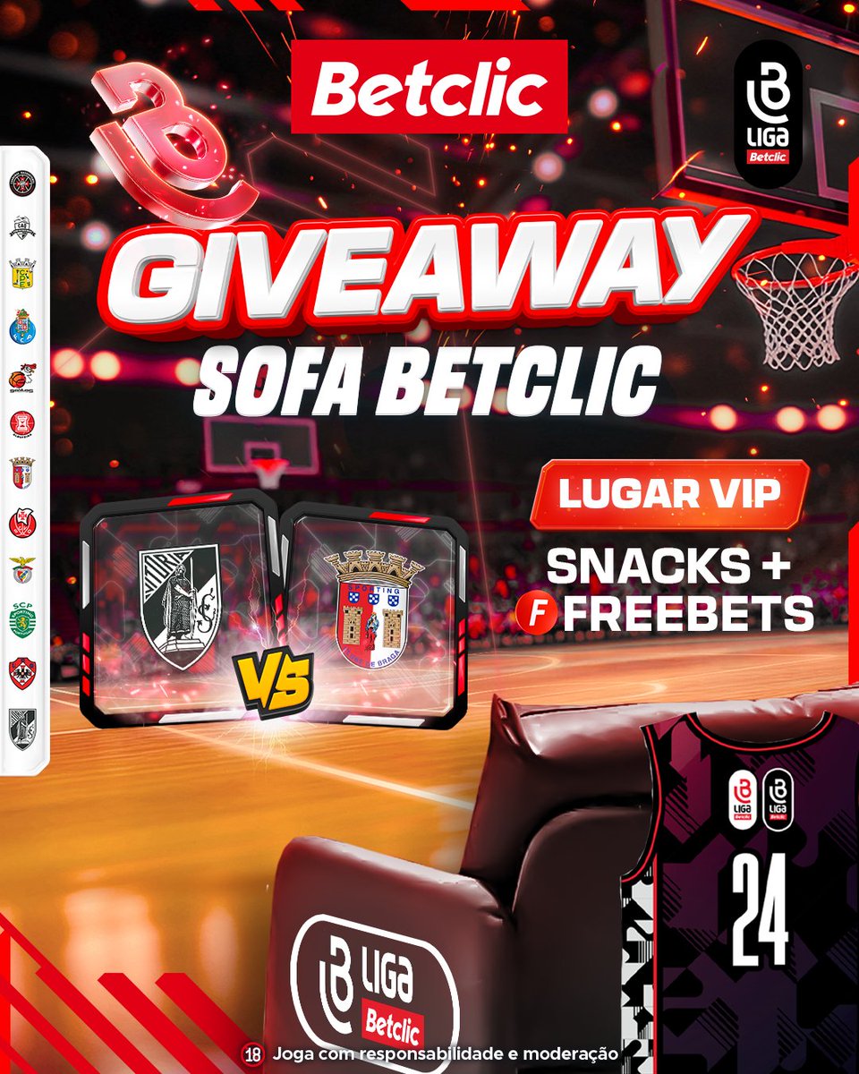 BetclicPortugal's tweet photo. 🏀 DÉRBI DO MINHO! 🔥 Vai ver o jogo entre o Vitória SC-SC Braga à patrão para o nosso sofá: Snack, Jersey e Freebets.

- Segue a @BetclicPortugal + @fpbasquetebol
- Dá RT+Like
- Identifica quem levas contigo + Username

1 comentário por pessoa.
Vencedor anunciado quinta-feira.