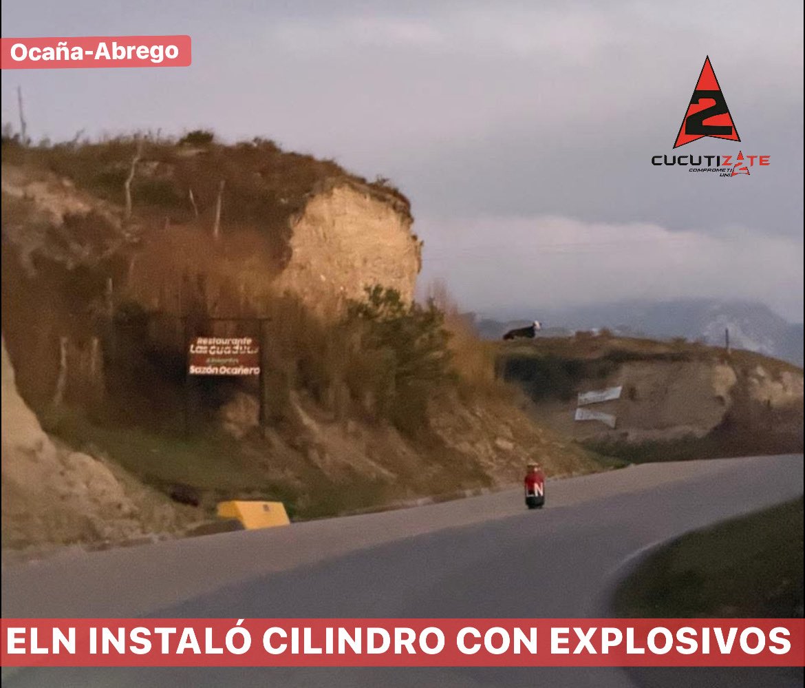 Cucutizate's tweet photo. #ATENCIÓN | En la mañana de este martes, habitantes del sector alertaron a las autoridades sobre la aparición de un cilindro con símbolos alusivos al ELN en la vía que comunica a Ocaña con Ábrego, específicamente en el sector conocido como Chapinero.

Noticia en desarrollo. https://t.co/1hoaVSd6Nc